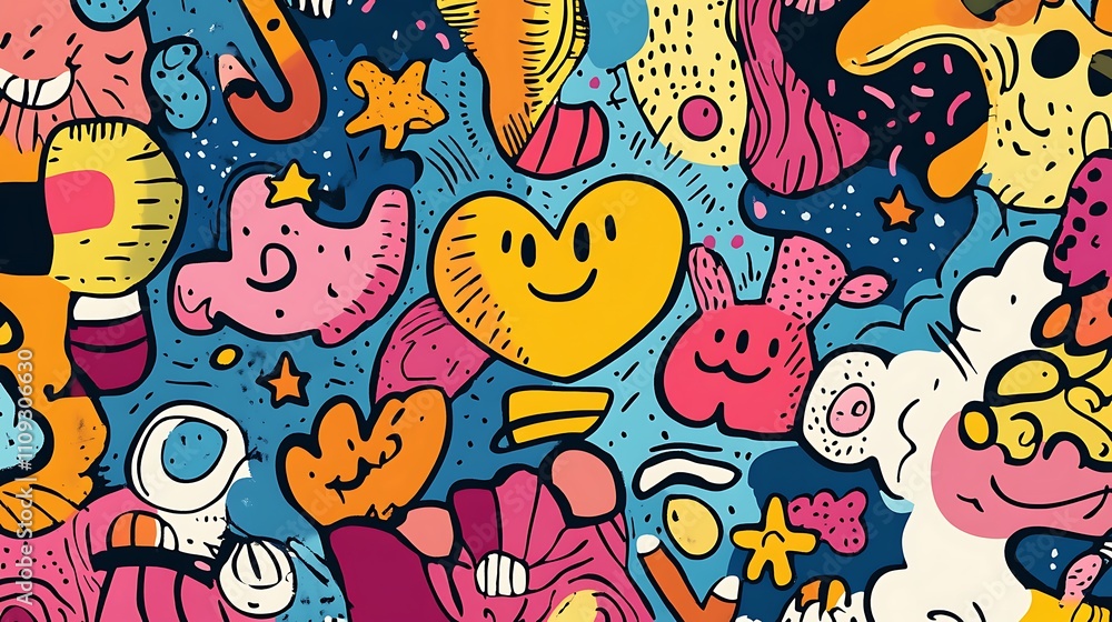 Cheerful New Year banner with doodle elements and playful text Happy New Year Cheerful New Year banner with doodle elements and playful text Happy New Year