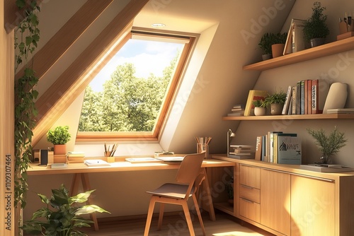 Cozy Modern Home Office with Attic Window and Natural Lighting. AI generated illustration