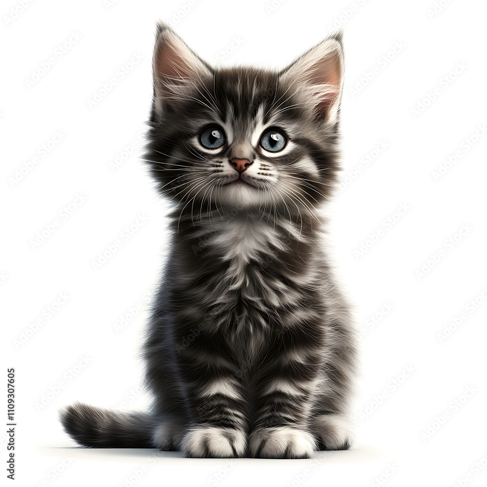 Fototapeta premium Youthful Cat Cartoon, Cheerful Isolated Maine Coon Kitten on White Background, Adorable Pet with Fluffy Coat and Bright Blue Eyes, Perfect for Animal Lovers and Cat Enthusiasts