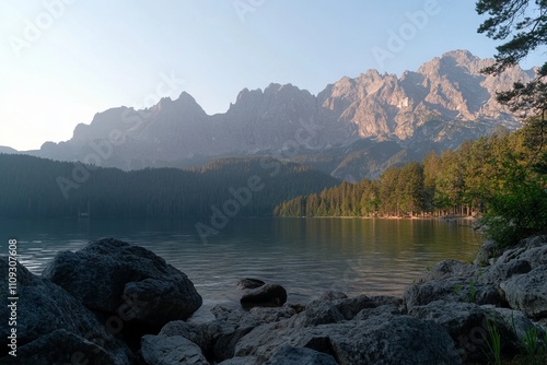 Sunrise Over Eibsee Lake with Majestic Mountains in the Background, AI generated illustration photo