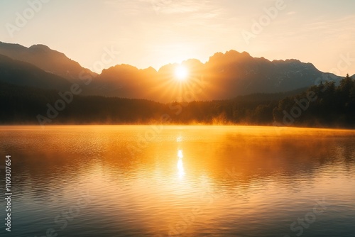 Sunrise Over Eibsee Lake with Majestic Mountains in the Background, AI generated illustration photo