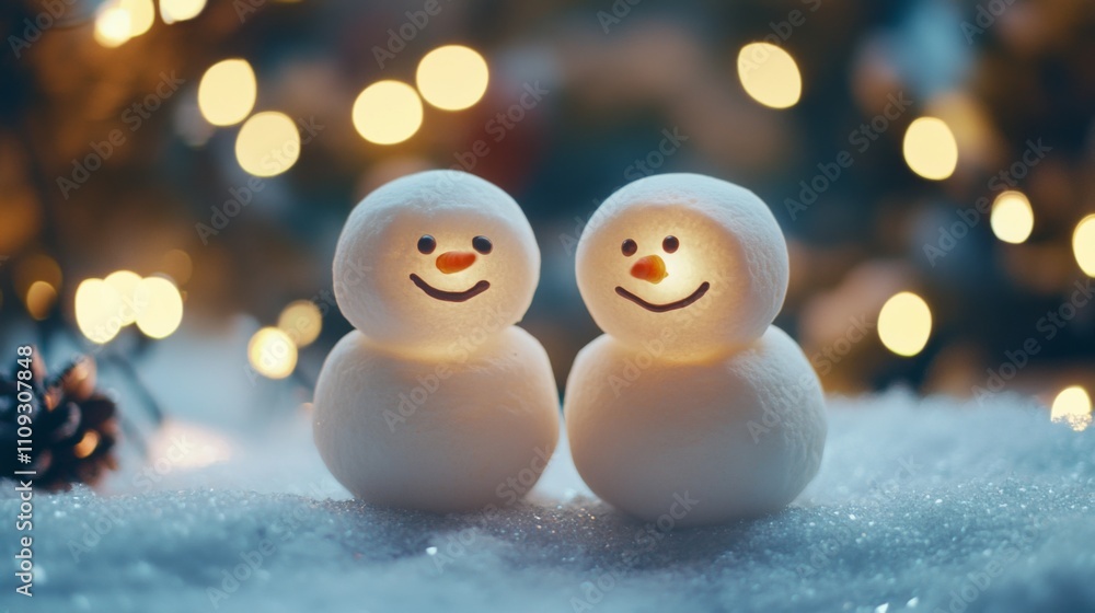 A pair of glowing snowmen with simple features stand on snowy ground, surrounded by bokeh lights, creating a magical and serene evening ambiance. A pair of glowing snowmen with simple features stand on snowy ground, surrounded by bokeh lights, creating a magical and serene evening ambiance.