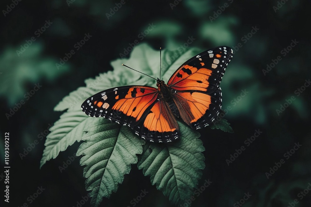 Fototapeta premium Close-up of a Butterfly on a Green Leaf in the Forest. AI generated illustration