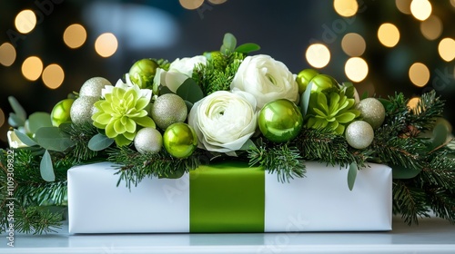 Festive Green and White Gift Arrangement - Elegant Christmas gift, green white theme, ranunculus flowers, evergreen, ornaments, festive cheer. photo