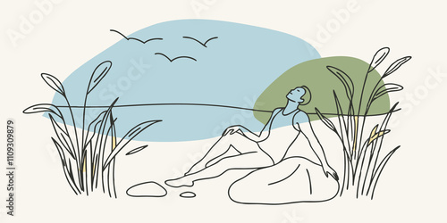 Natural Embrace The swimmer rests momentarily by the shore leaning against a smooth rock. The lake edge is adorned with pebbles and soft grass and the ambiance is filled with the photo