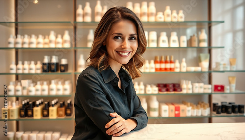 Smiling woman in black shirt working at a cosmetics store counter