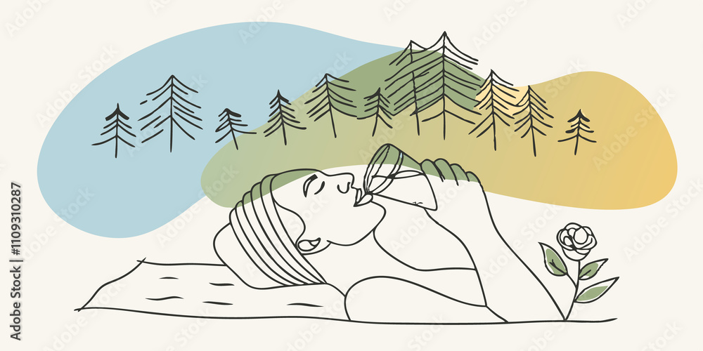 Naklejka premium Natures Oasis Nestled a tall trees and gentle blooms someone reclines on a soft blanket spread across the grass. They have a soothing clay face mask on while they sip herbinfused