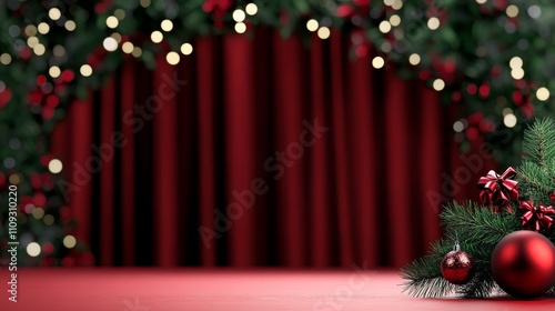 Festive Holiday Stage Design Background - Elegant red curtain backdrop, Christmas tree branches, ornaments, lights; symbolizes celebration, joy, warmth, tradition, and festivity. photo