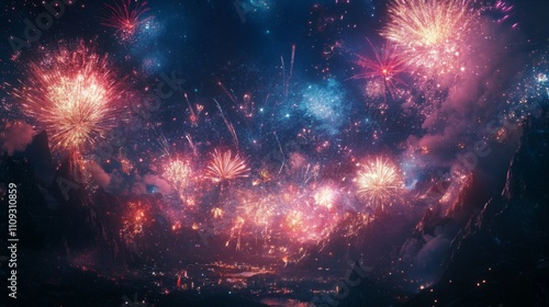 Vibrant fireworks burst across a night sky with starry patterns, blending colors in a spectacular display reminiscent of celebrations and festivities. photo