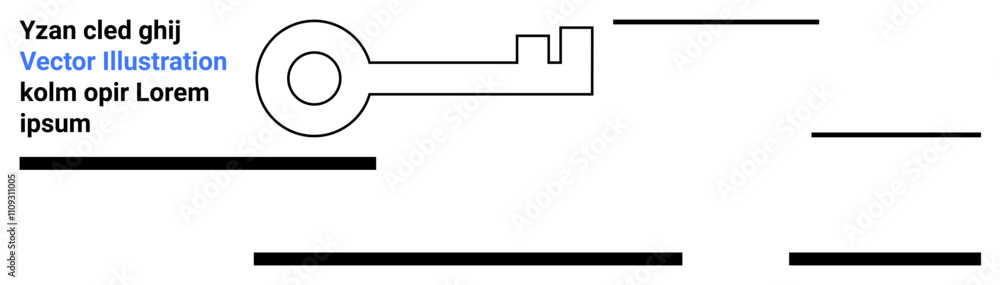 Outline black key symbol with accompanying random text and horizontal black lines. Ideal for presentations, web design, digital marketing, educational materials, security themes, infographics Outline black key symbol with accompanying random text and horizontal black lines. Ideal for presentations, web design, digital marketing, educational materials, security themes, infographics