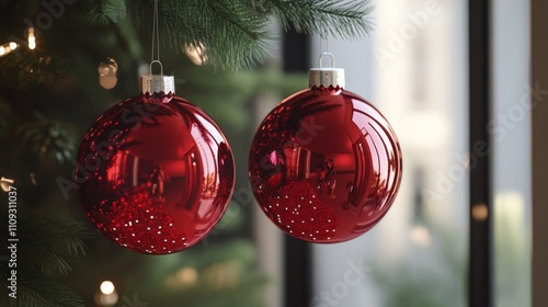 Two reflective red ornaments hang against a blurred window background, capturing a warm and festive atmosphere synonymous with holiday celebrations. photo