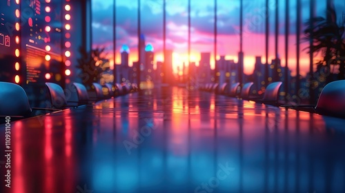 A long conference table with chairs, overlooking a city skyline at sunset.