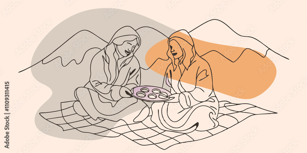 Sharing a Blanket Two friends are cozily sharing a portion of the blanket to stay warm against the mountain breeze. They are examining a plate of cookies deciding which one to take Sharing a Blanket Two friends are cozily sharing a portion of the blanket to stay warm against the mountain breeze. They are examining a plate of cookies deciding which one to take