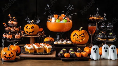 A Halloween-inspired table with spooky decorations, offering an assortment of themed treats like candy apples, pumpkin pie, ghost-shaped cookies, and a cauldron of punch  photo