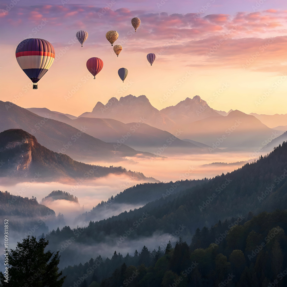 landscape of morning fog and mountains with hot air baloon landscape of morning fog and mountains with hot air baloon