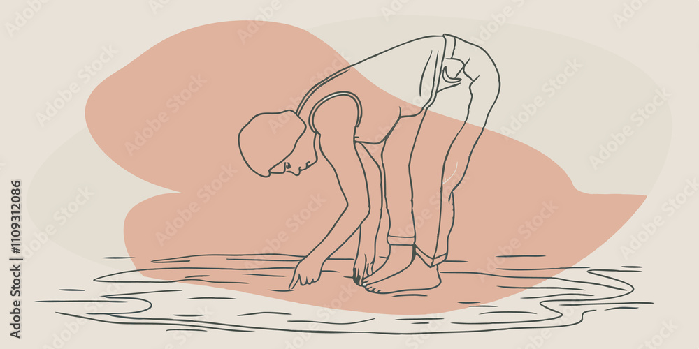 Obraz premium The Art of Stillness A side view of a figure bending over deeply immersed in creating a delicate lacelike pattern in the sand. Gentle breezes shape the strands of their hair