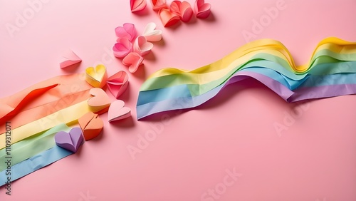 LGBT pride products in a flat laytop view: rainbow-colored paper hearts in line composition on a pastel pink background photo