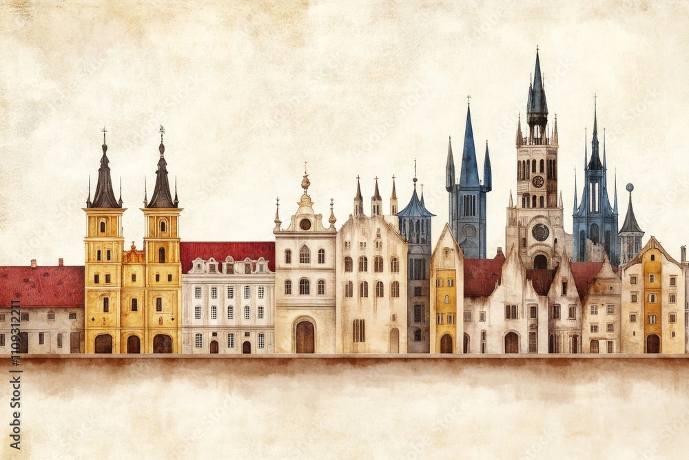 Fototapeta premium A vintage-inspired illustration of a cityscape featuring old-fashioned architecture and muted, sepia tones