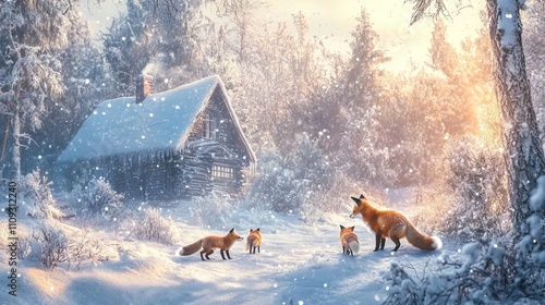 Winter landscape with a family of foxes near a house in the forest, perfect for holiday cards. AI generated illustration