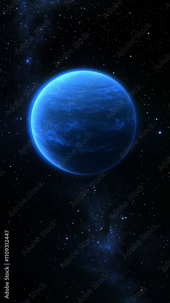 Fototapeta premium Mobile phone wallpaper: lue planet in space, glowing with light and surrounded by stars. The background is a dark black, creating an atmosphere of mystery and grandeur