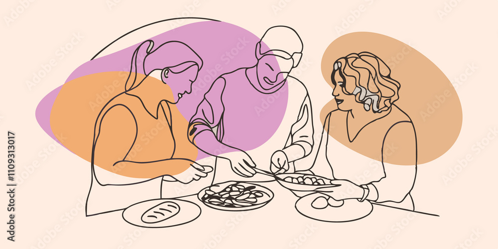Fototapeta premium At another angle a group of friends are engaged in deep conversation while carefully placing food on their plates. One friend gestures animatedly but they are all maintaining eye