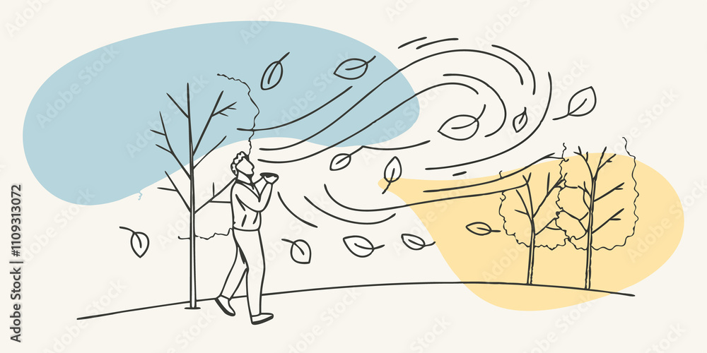 Obraz premium Autumn Breeze A side view of a person walking along a path a gentle breeze causing leaves to flutter down around them. The individual stops to catch a few leaves their face