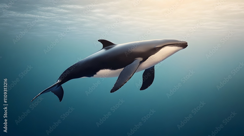 Fototapeta premium Serene underwater view of a whale gliding through a calm ocean, peaceful marine theme, 3D rendering