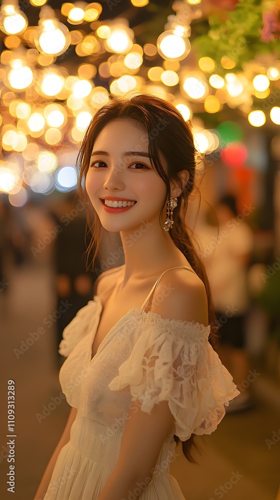 Naklejka premium Asian woman smiles happily under bright festival lights at night, with a colorful bokeh background. Perfect for ads about happiness, cheerfulness, or festivals, conveying a warm, hopeful festive vibe.