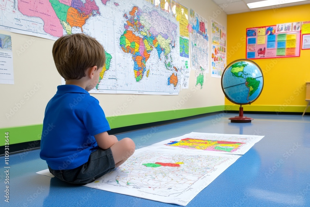 A geography classroom with large maps pinned to the walls, a globe on the teacher desk, and students marking locations on worksheets A geography classroom with large maps pinned to the walls, a globe on the teacher desk, and students marking locations on worksheets