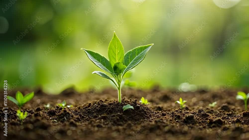 A young, green seedling emerges from rich soil, symbolizing new life and growth A young, green seedling emerges from rich soil, symbolizing new life and growth