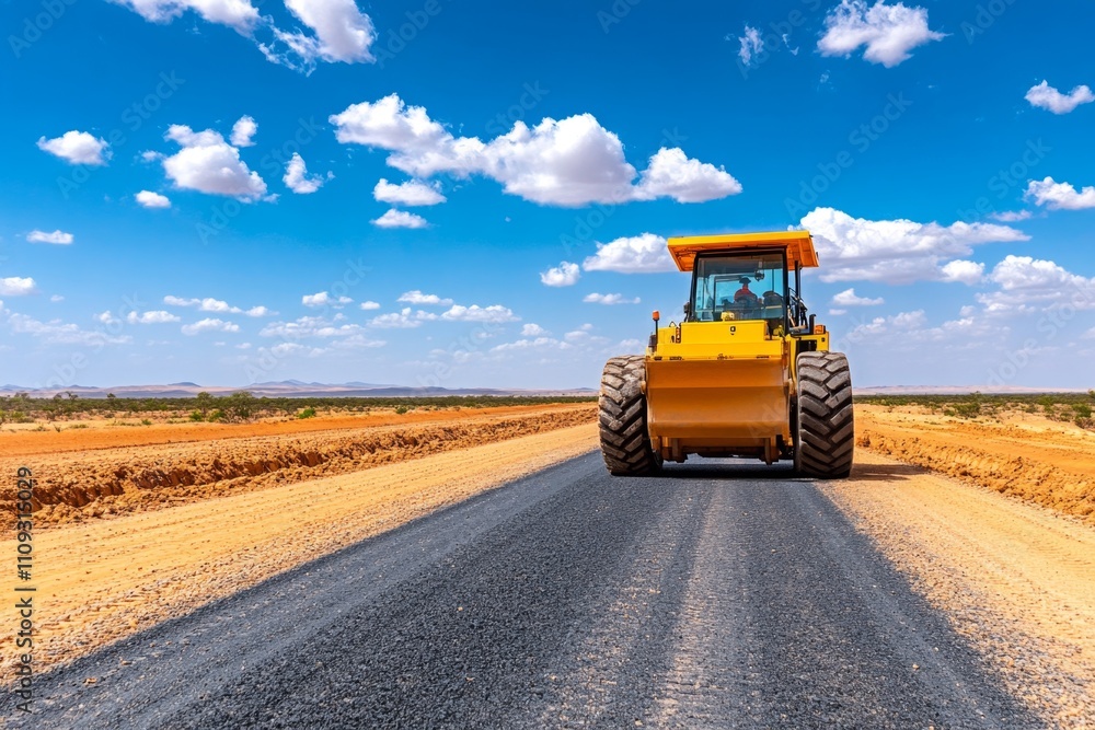 Obraz premium A wide-angle view of a large construction site for a highway project, with heavy machinery and workers