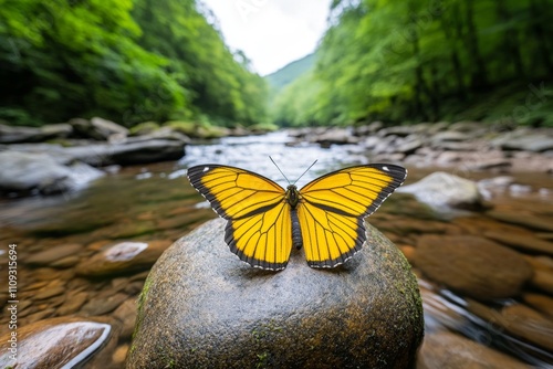 A lone butterfly resting on a stone near a bubbling stream in a tranquil woodland setting photo