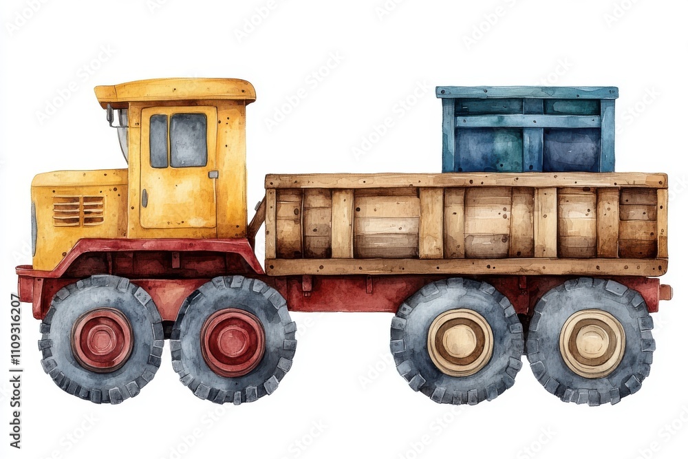 Obraz premium A colorful watercolor illustration of a construction truck with a wooden cargo bed.