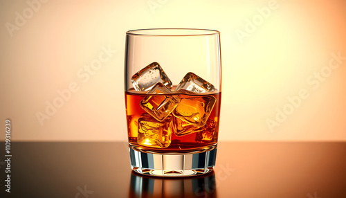 Scottish whisky in a glass with ice cubes, golden color whiskey with a white accent, png photo