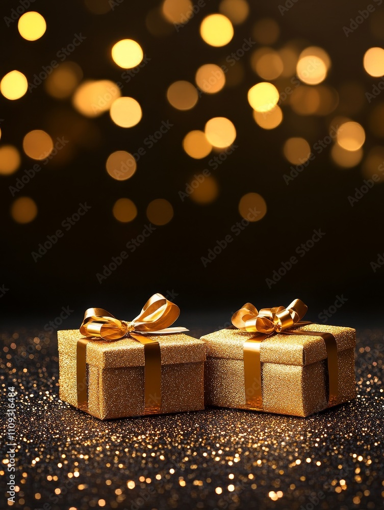 Golden Gift Boxes on Glittering Background - Two luxurious golden gift boxes with golden ribbons sit on a sparkling black surface, symbolizing celebration, luxury, success, gifting, and joy. Golden Gift Boxes on Glittering Background - Two luxurious golden gift boxes with golden ribbons sit on a sparkling black surface, symbolizing celebration, luxury, success, gifting, and joy.