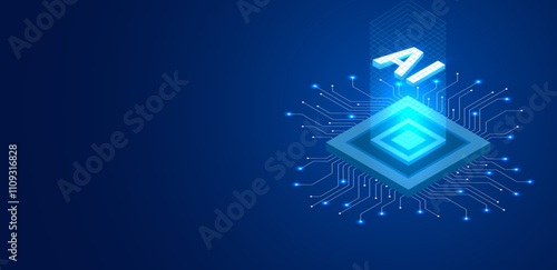 Vector illustration Artificial intelligence logo AI isometric with modern technology circuit board.