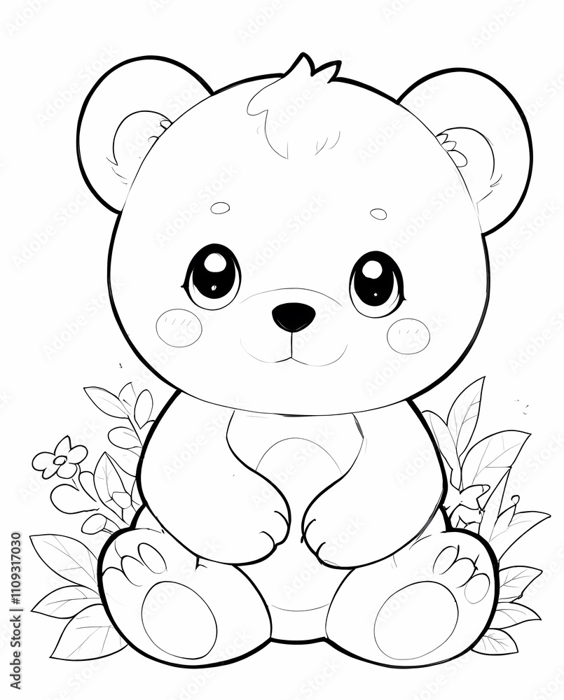 Fototapeta premium Cute Chibi Bear Line Art Drawing Coloring Sheet for Kids with Playful Expressions and Sweet Details