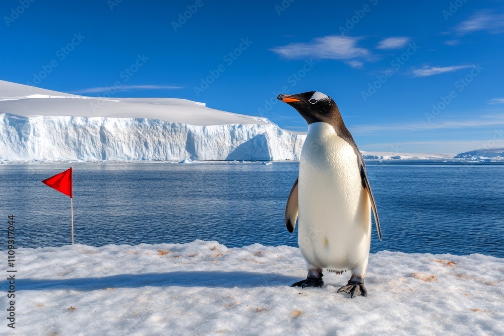 Fototapeta premium A penguin colony on an icy shore, with adults and fluffy chicks interacting under a crisp polar sky