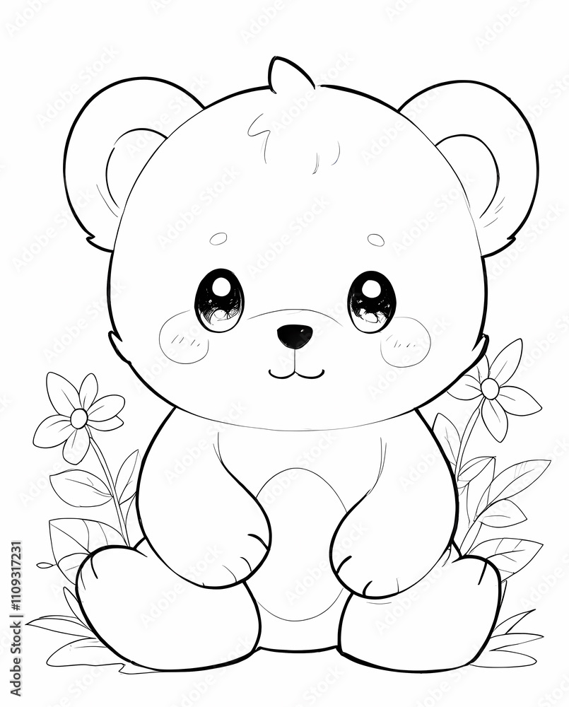 Naklejka premium Fun and Sweet Chibi Bear Line Art Coloring Page for Kids with Easy Outlines and Big Playful Eyes