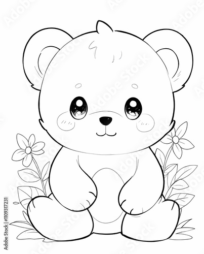 Fun and Sweet Chibi Bear Line Art Coloring Page for Kids with Easy Outlines and Big Playful Eyes