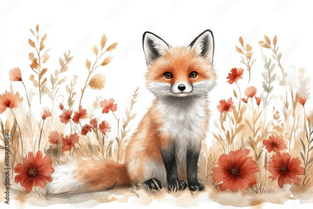 Fototapeta premium A cute fox sits among flowers, showcasing a serene and artistic nature scene.
