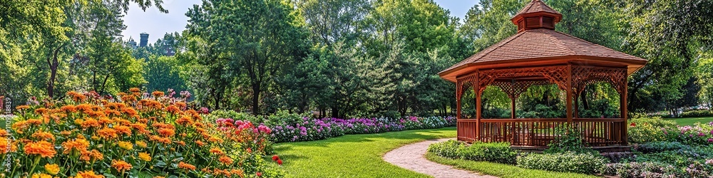 Sunny park with gazebo and vibrant flowerbeds on clear day Sunny park with gazebo and vibrant flowerbeds on clear day