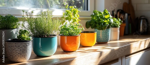 Contemporary kitchen featuring mixed finishes and vibrant plant pots in sunlight ideal for home design inspiration