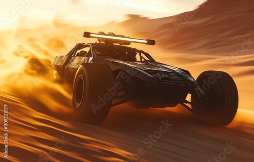 Dune Buggy with Lightsabers Driving Through Desert at Sunset. AI generated illustration photo