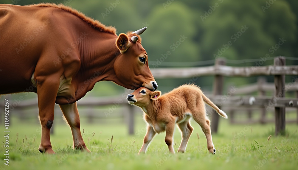 A heartwarming scene of a mother cow tenderly nuzzling her adorable calf in a lush green pasture. A heartwarming scene of a mother cow tenderly nuzzling her adorable calf in a lush green pasture.