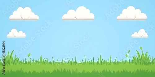 A flat and minimal cartoon grassy field, soft pastel tones, fluffy white clouds against a blue background