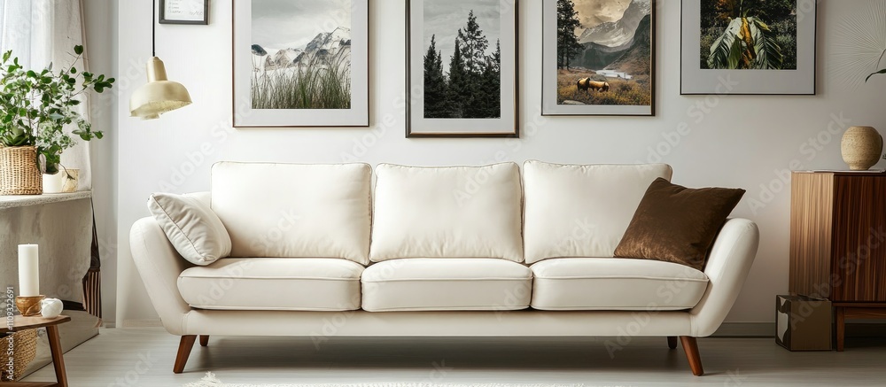 Fototapeta premium Cozy sofa nestled in an elegant living room adorned with diverse nature posters perfect for relaxation and style