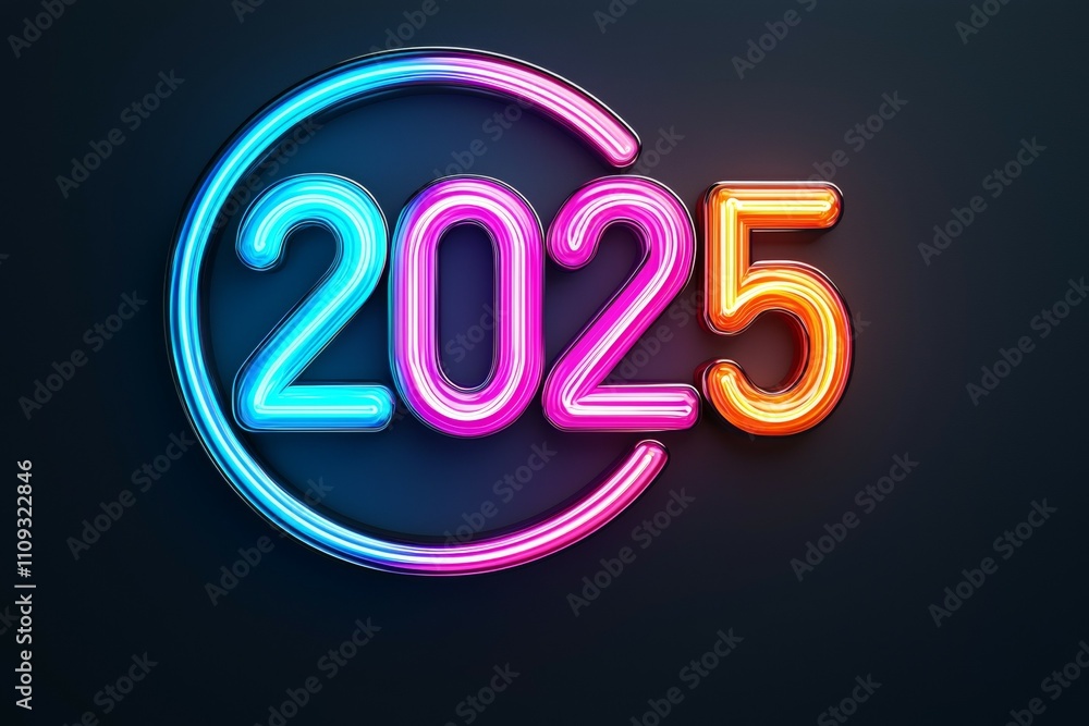 Colorful neon 2025 sign with modern glow on dark background Colorful neon 2025 sign with modern glow on dark background