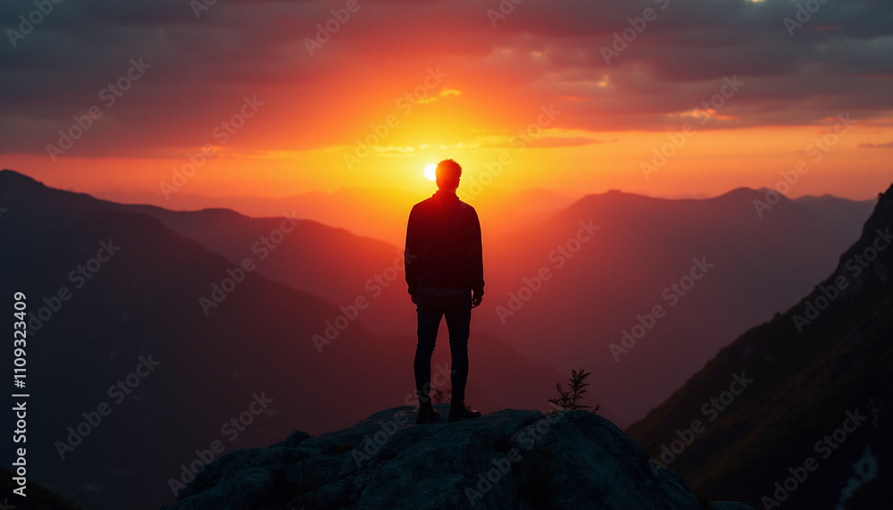 Person on mountain top at sunset admiring view. Person on mountain top at sunset admiring view.