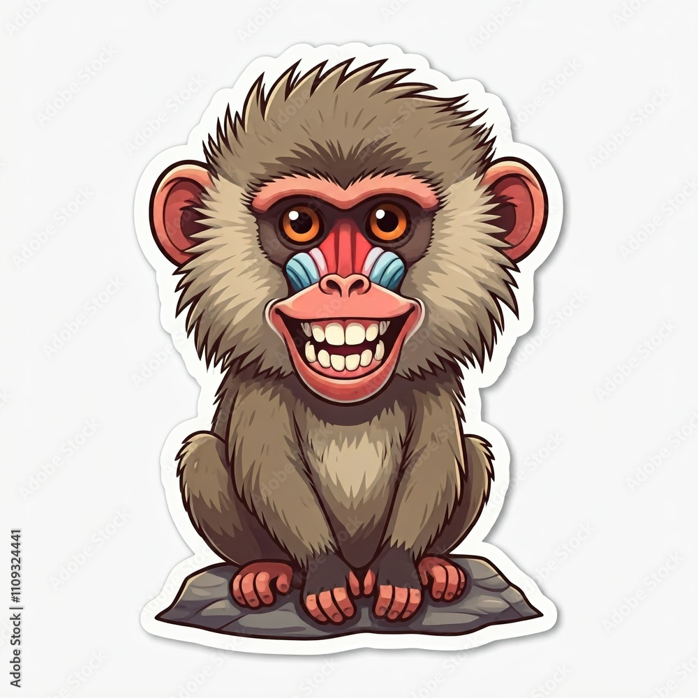 Obraz premium Chibi baboon with tiny hands and a big, toothy grin, sitting on a rock, illustrated as a fun sticker. 